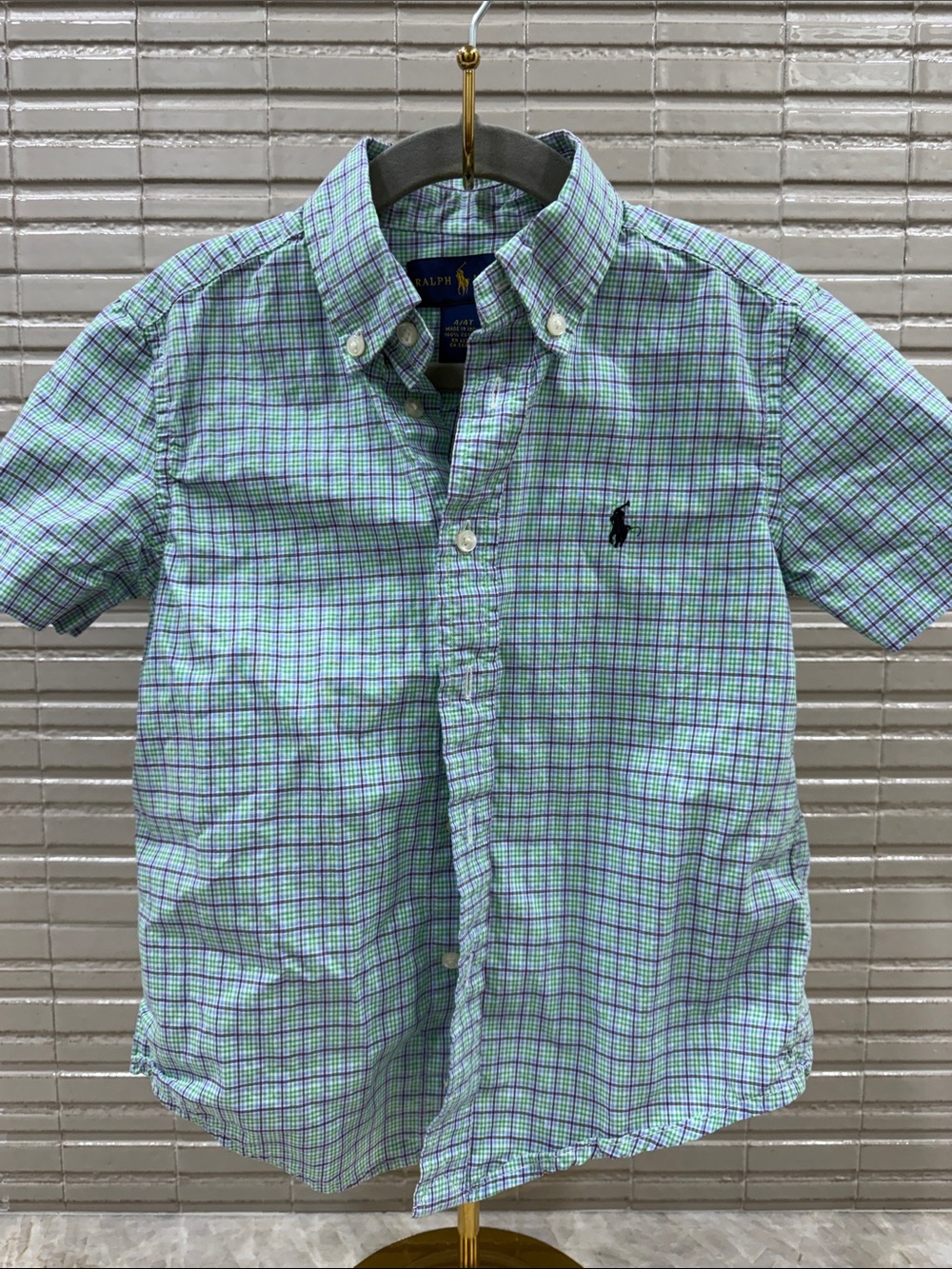 Ralph Lauren Light Green and Blue Plaid Short-Sleeve Button-Down Shirt